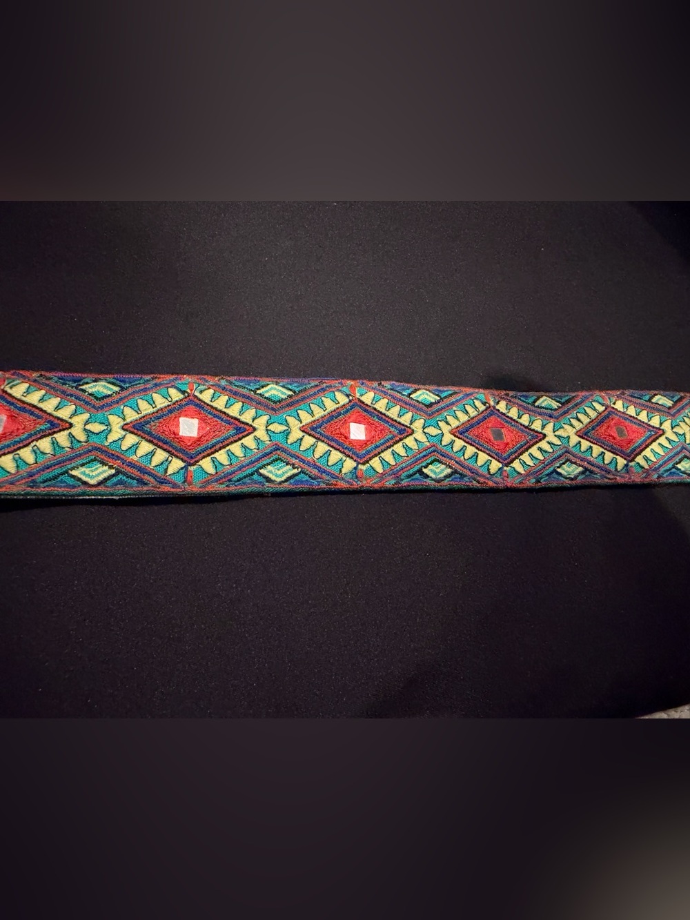 Embroidered Geometric Belt in Red, Green & Blue